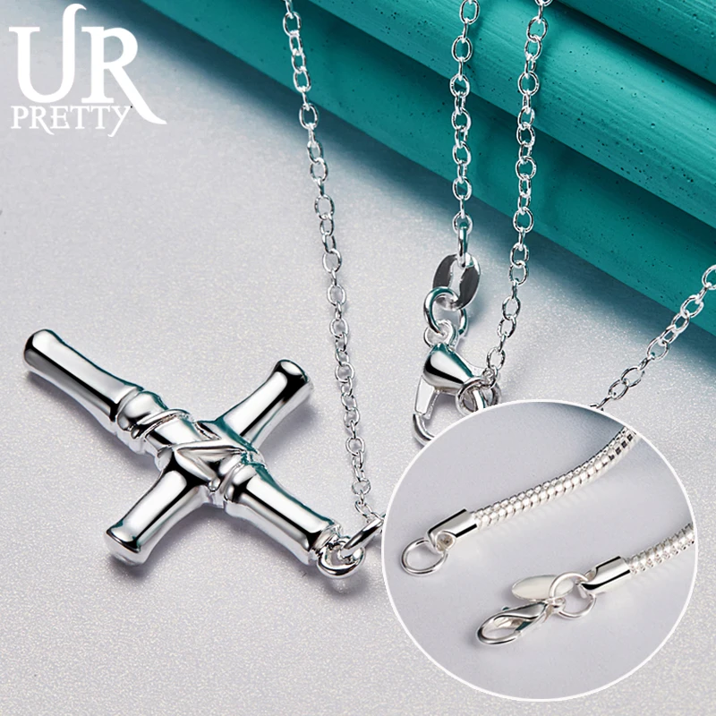

URPRETTY 925 Sterling Silver Cross Pendant Necklace 16/18/20/22/24/26/28/30 Inch Chain For Woman Wedding Jewelry