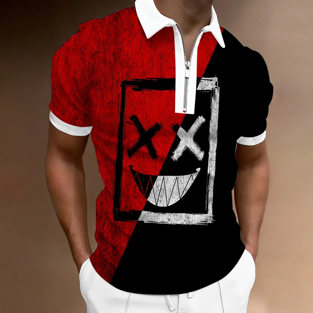 

Summer Men's Polo Shirt Lapel Zipper Casual Short Sleeve Fashion Top Tees Devil Smile Pattern Clothing Male Business Streetwear