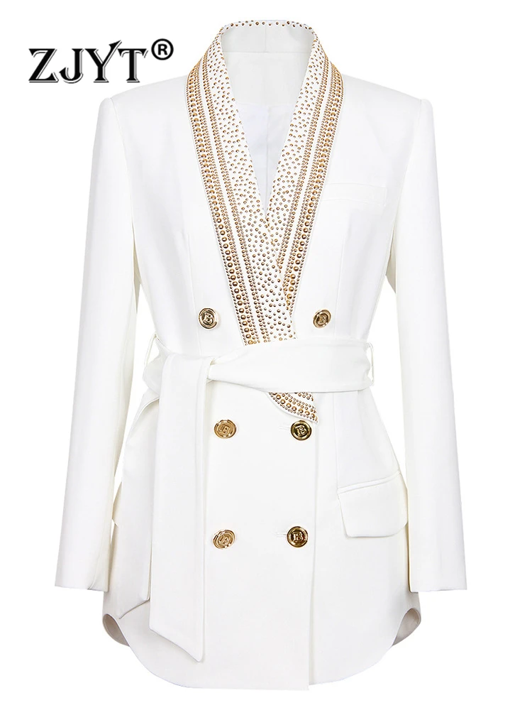 

ZJYT Luxury Beading Blazers for Women Jacket Coat Autumn Winter Shawl Collar Office Party White Outerwear Double Breasted Button