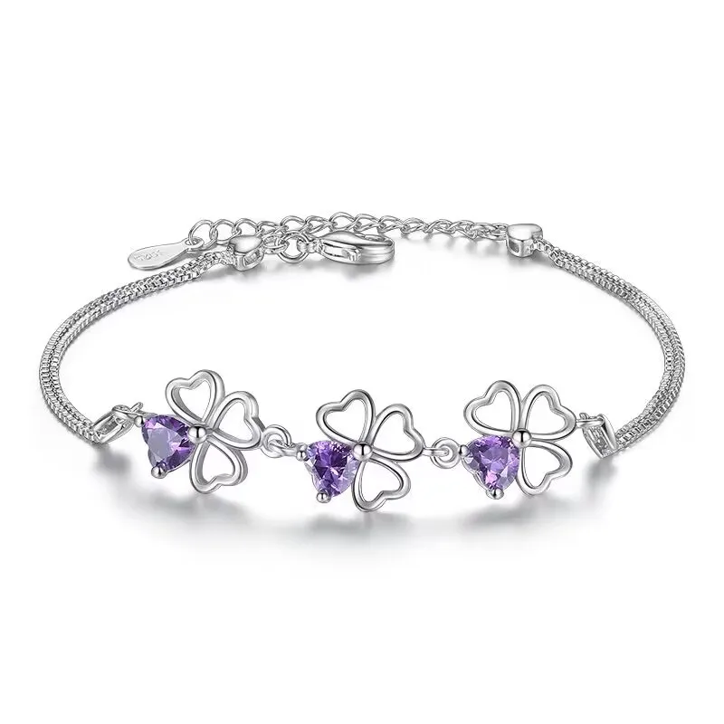 NEW fine 925 Sterling Silver Purple crystal Lucky Clover Bracelets for women fashion party wedding accessories Jewelry 17CM+4CM