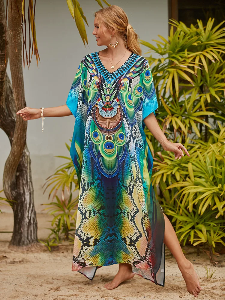 Women’s Long Caftan – Printed Bathing Suit Cover-Up, Casual Beach Maxi Dress, Abaya, Boho Beach Outfit Safety Accessories Scarves & sarongs