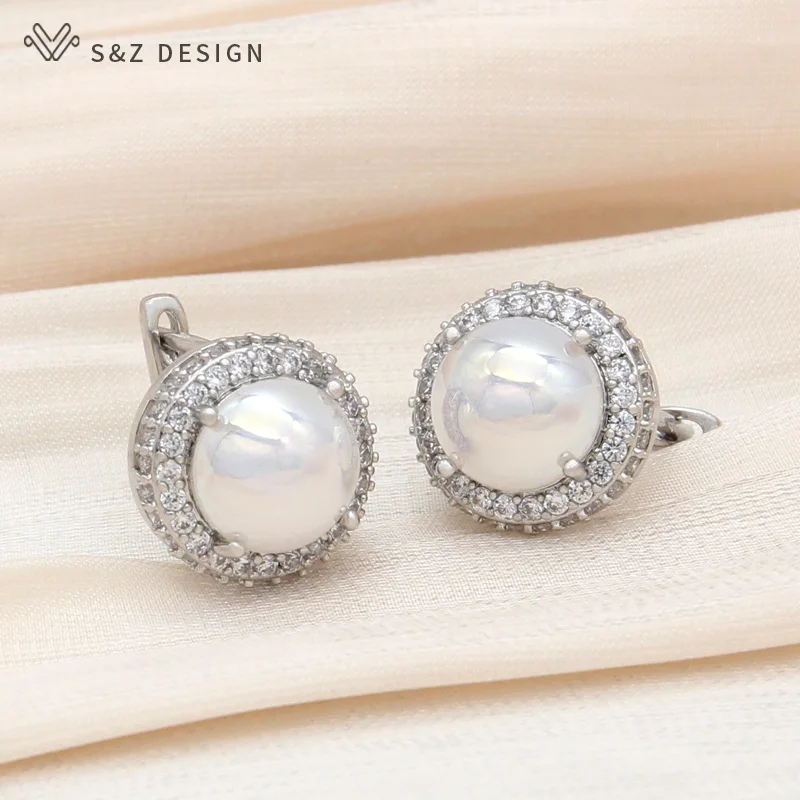 S&Z DESIGN New Fashion Round Simulated-pearl Drop Earrings For Women Elegant Wedding 585 Rose Gold Color Cubic Zirconia Jewelry