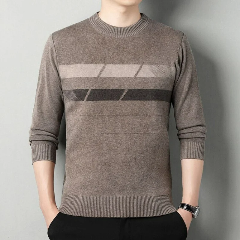 Korean Fashion Autumn Winter New Stripe Round Neck Sweater Men's Casual Versatile Loose Warm Patchwork Long Sleeved Knitted Top