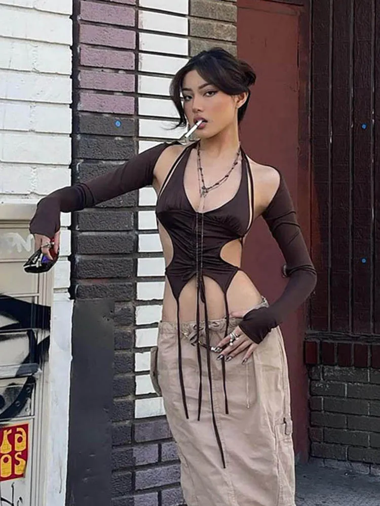 Y2k Streetwear 2 Stück Langarm Neck holder Crop Top sexy trend ige unregelmäßige rücken freie Frauen T-Shirts Ästhetik