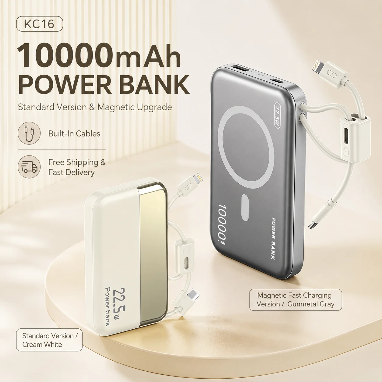 Power Bank da 10000mAh 22.5W con Cavi USB-C e 8-Pin Integrati, Caricabatterie Compatto per Telefono, Versione Aggiornata con Ricarica Wireless Magnetica