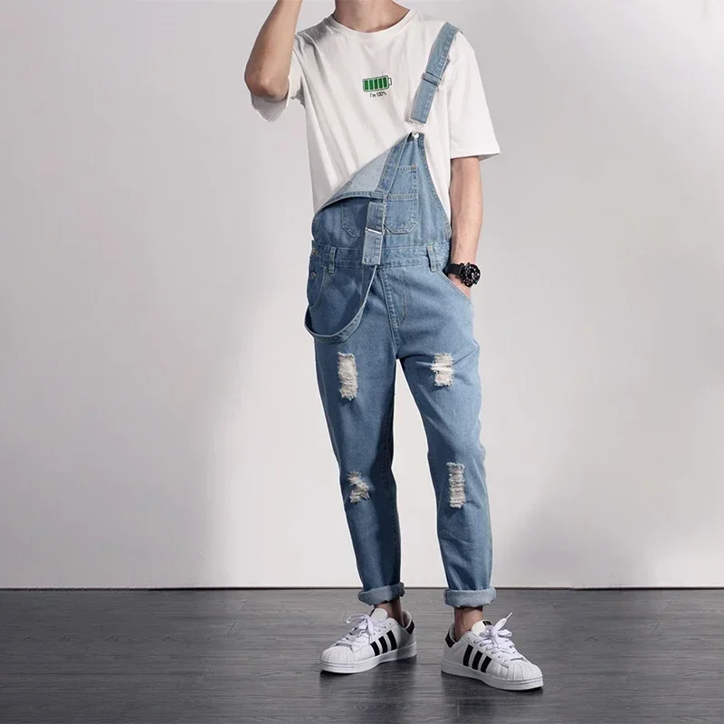 

High Street Pockets Jeans Men Fashion Slim Fit Denim Jumpsuit Modish Strap Overalls Casual Suspender Ripped Denim Overalls Holes