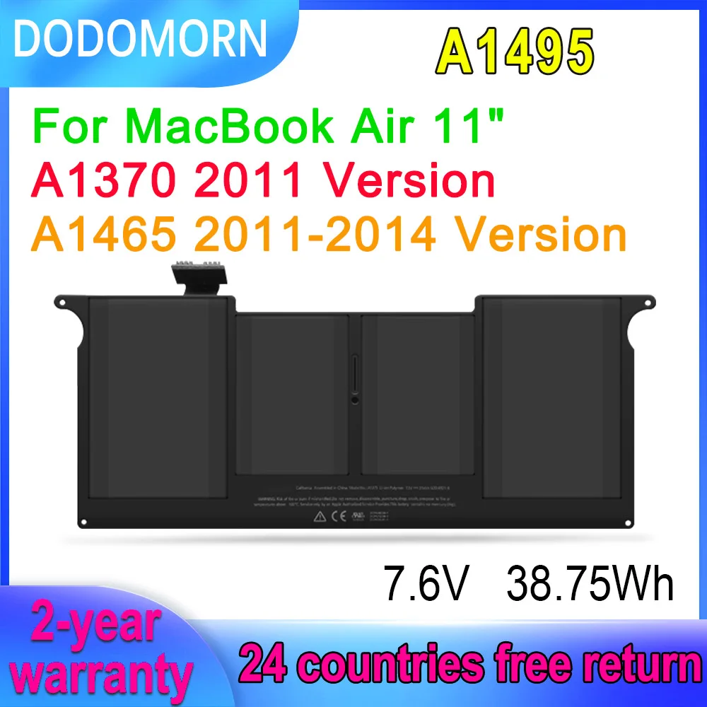 

DODOMORN A1495 Laptop Battery For MacBook Air 11" A1465 Mid 2012 2013/Early 2014,A1370 2011 Version 7.6V 38.75Wh Rechargeable
