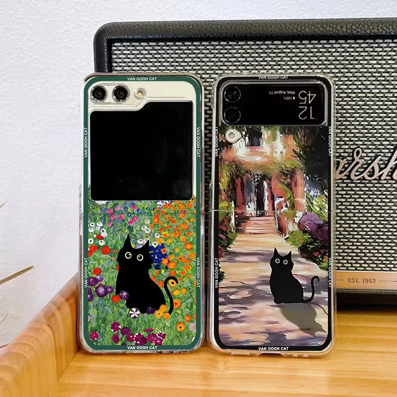 Aesthetic Black Cat Art Van Gogh Folding Phone Case, Clear Cover