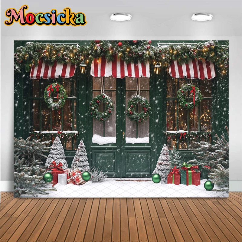Mocsicka Christmas Green House Backdrops Photography Winter Snowflake Party Photo Backgrounds Bow Wreath Tree Door Decors Banner