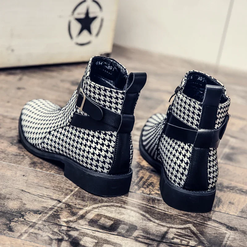 Ankle Boots for Men Business Plaid Buckle Strap Pu Leather Cowboy Boots Chelsea Men
