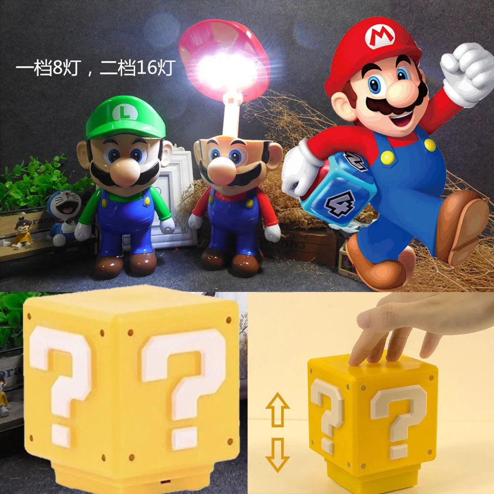 슈퍼 마리오 브라더스 피규어 LED 물음표 브릭 야간 조명, USB 충전 애니메이션 책상 램프, 조각상 장식 조명, 생일 선물