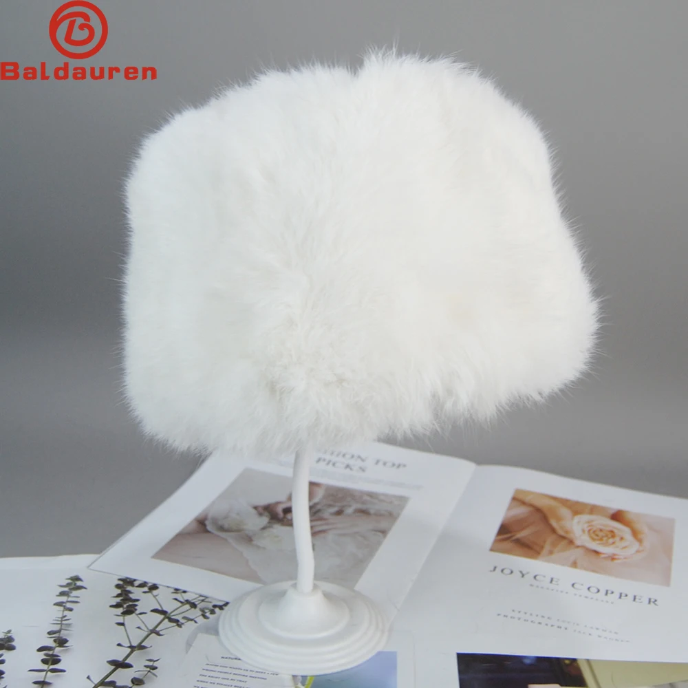2024 Unisex Winter Warm Real Rabbit Fur Bomber Hat Natural Quality Rabbit Fur Hats Russian Outdoor 100% Genuine Rabbit Fur Caps