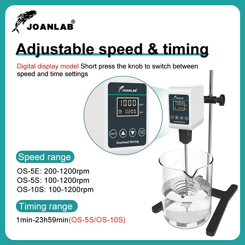 JOANLAB Stirrer Laboratory High Power Mixer Lab Electric Digital Display Overhead Stirrer 5/10L 1200rpm 110/220V OS-10S