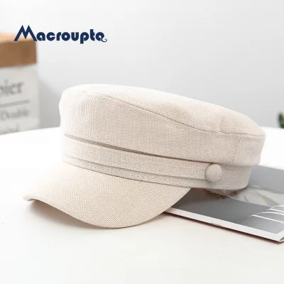 Women Military Hat Flat Cap Spring Autumn Linen Octagonal Solid Color