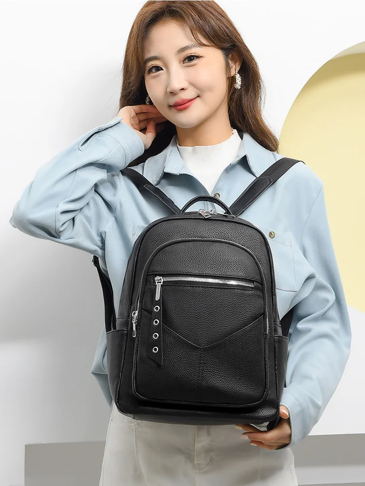Commuter Backpack Women's New Fresh and Leisure Travel Laptop Backpack Ladies Large Capacity Solid Color Designer PU Leather Bag