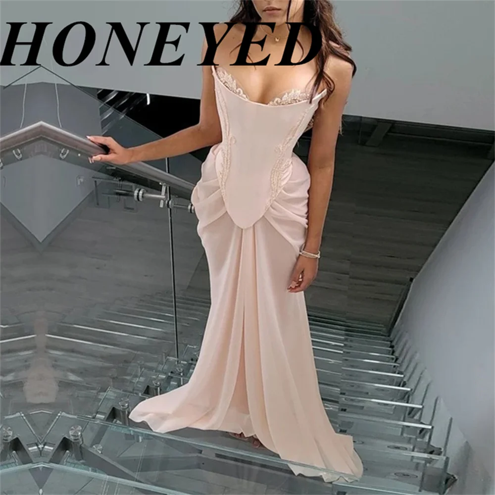 

HONEYED Draped Sleeveless Blush Pink Evening Dress Chiffon High Slit Crystal Prom Dress Lace Wedding Gown Evening Formal Gown