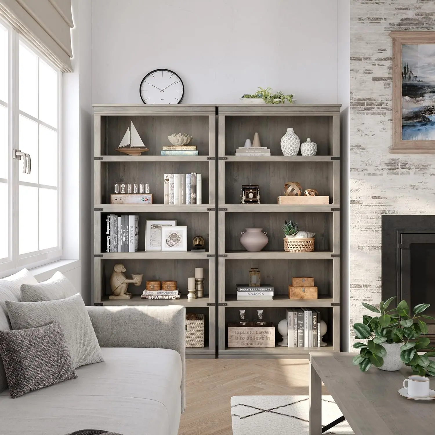 New 5 Tier Bookcase, Farmhouse Book Shelf with Storage, 71" Tall Book Case Wooden 5 Shelf Bookcase for Home Office, Living Room 4