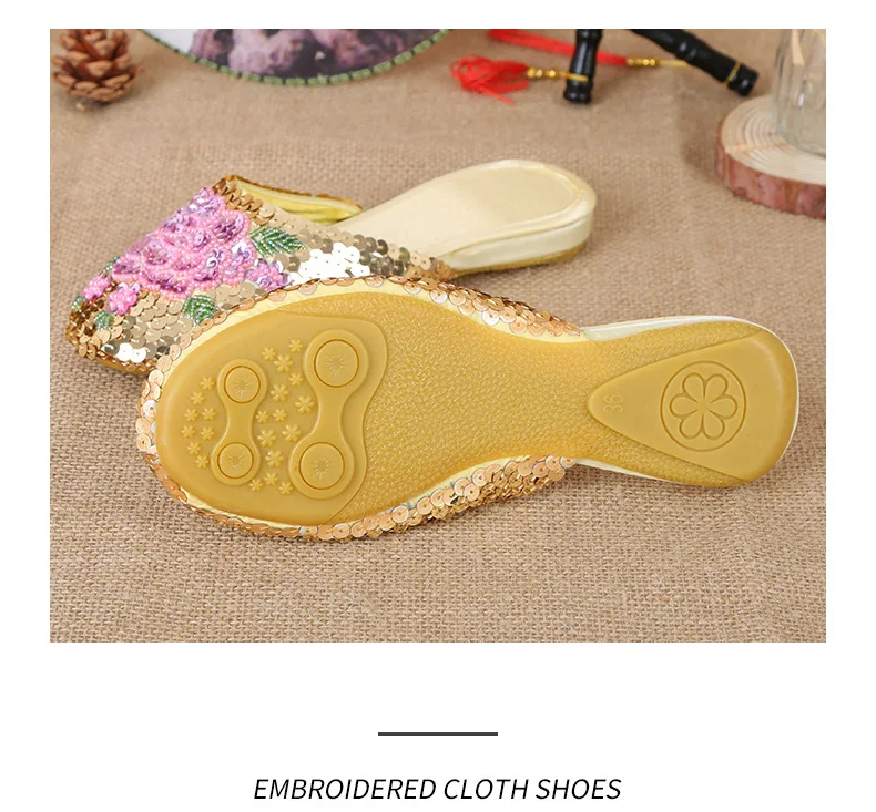 36-40 Women Slippers Sequin Embroider Shoes Summer Silk Fabric Flats Flower Closed Toe Soft Sole Non-slip Chinese Style Footwear