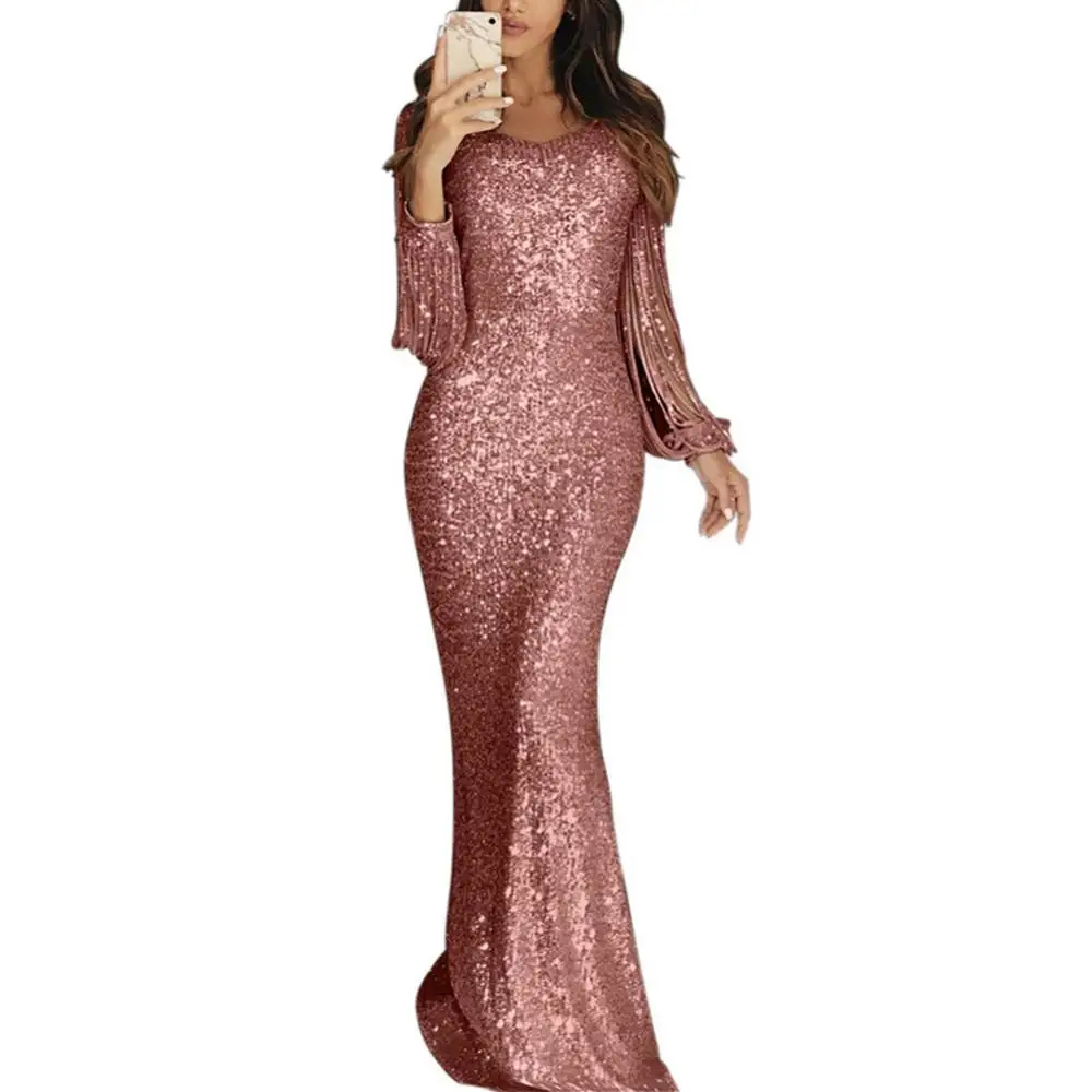 

Chic Women Dress Sequined Tassel Long Sleeve Dress V Neck Bodycon Party Maxi Dress