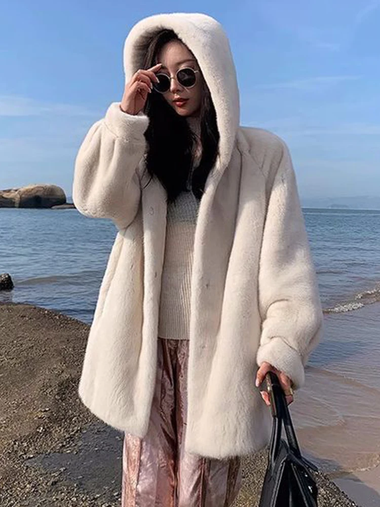 Mink Fur Coat Women 2023 Winter Thick Warm Hooded Fur Jacket Elegant Lady Outwear Fluffy Top Manteau Femme High Quality