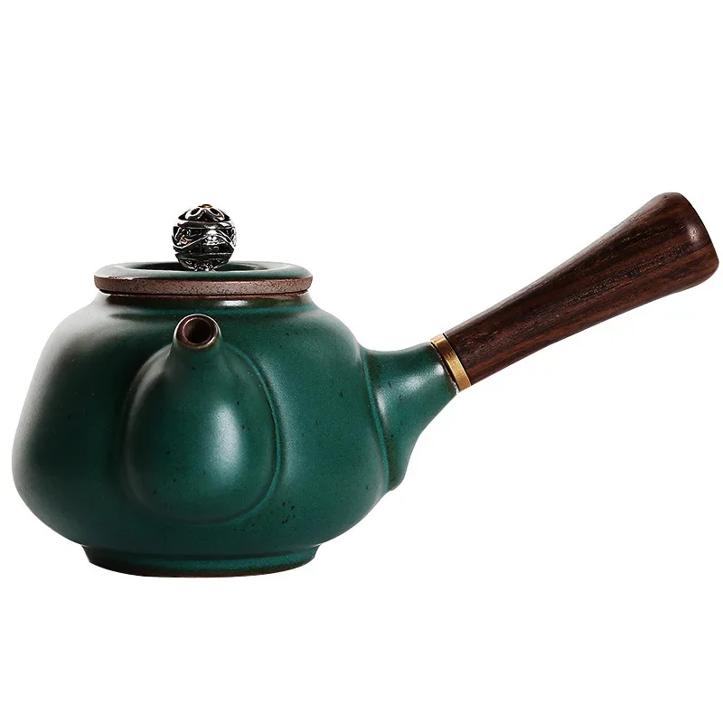 Japanese-style coarse pottery side handle pot antique wooden handle teapot kung fu tea set household teapot lettering retro
