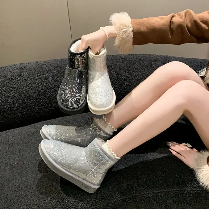 Winter Ankle Snow Boots Luxury Crystal Flats Women Shoes Plush Fur Warm Chelsea Boots Designer New Cotton Shoes Fashion Comfort