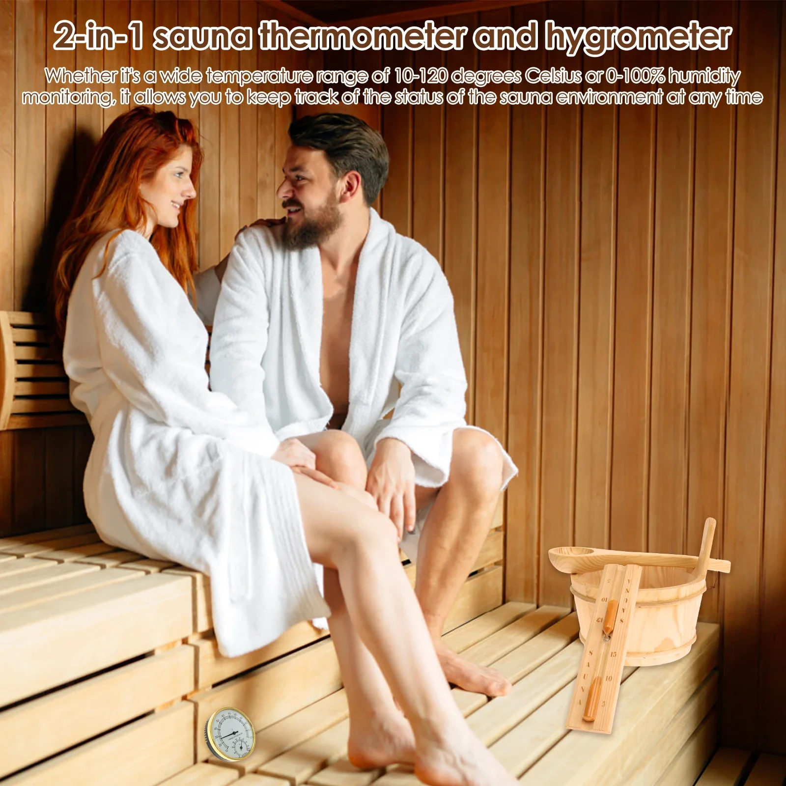 4Pcs Set Sauna Accessories Wood Sauna Bucket Spoon with Handle Design 2 in 1 Thermometer&Hygrometer Hourglass Timer