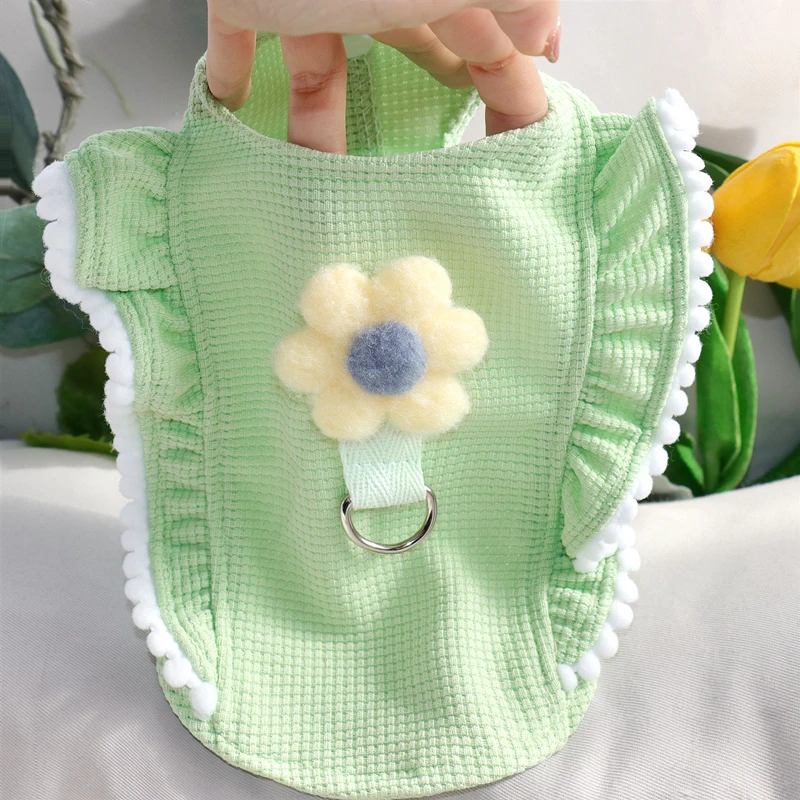 

Green Floral Dog Clothes Summer Pet Pullover Leashable Bichon Vest Teddy Yorkshire Horse Cowboy T-Shirt