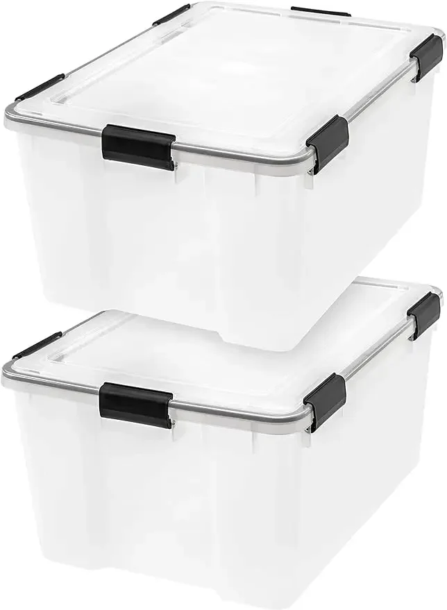 

USA 62.8 Quart WEATHERPRO Plastic Storage Box with Durable Lid and Seal and Secure Latching Buckles, Clear with Buckles, 2 Pack