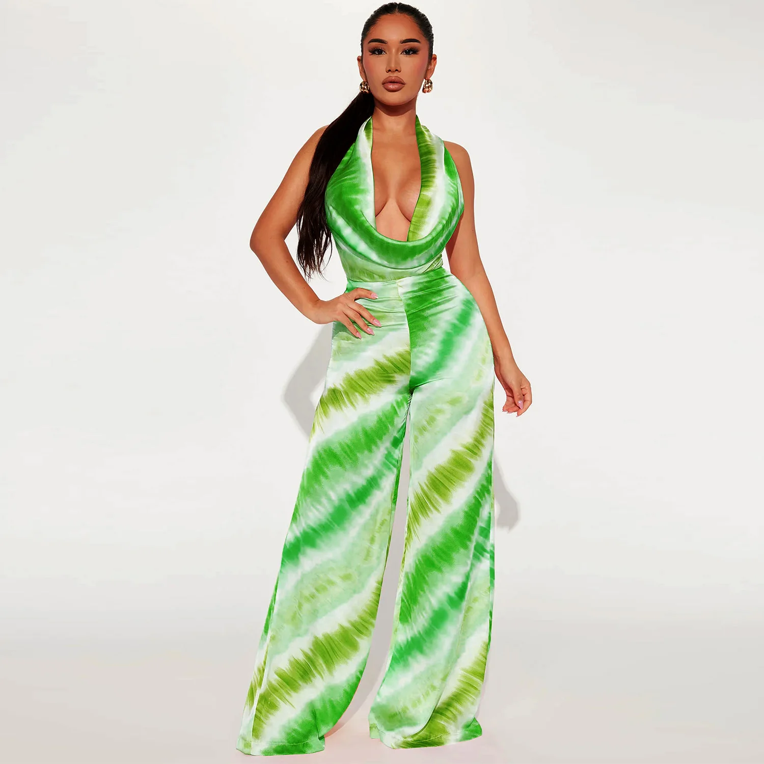 2023 summer new casual fashion sexy print backless deep V party club dress jumpsuit pants adogirl sexy tie dye print halter jumpsuit bra crop backless lace up top long pants romper fashion night club overall onesies