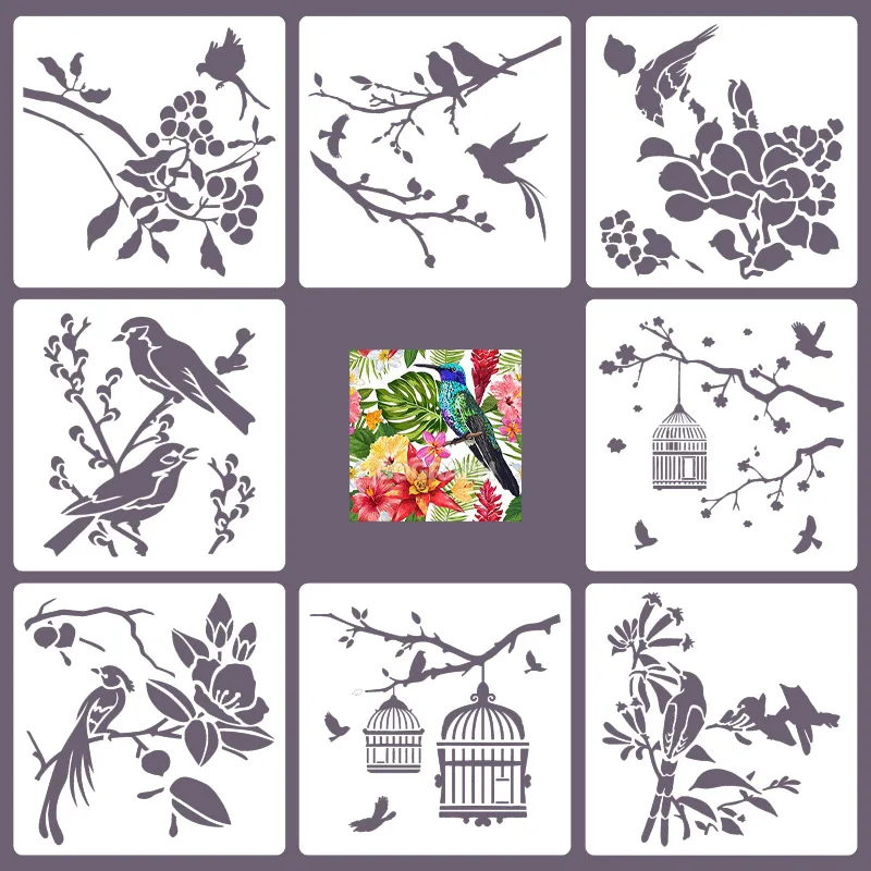 

8Pcs/Set 15*15cm Birds Birdcage DIY Layering Stencils Wall Painting Scrapbook Coloring Embossing Album Decorative Template