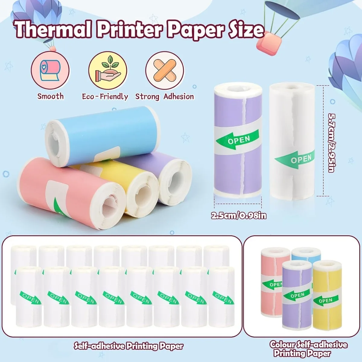 Mini Thermal Printer Paper Thermal Printer Sticker Paper for M02/T02/M02S Sticker Photo Printer and 57mm Mini Pocket Printer