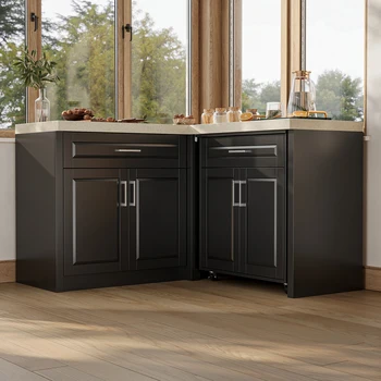 ตู้เก็บของ 4 ประตูทันสมัยพร้อมลิ้นชัก 2 ช่องและช่องเก็บของ 4 ช่อง ตู้ครัวรูปตัว L พร้อมเคาน์เตอร์กว้างขวาง สีดำ 2