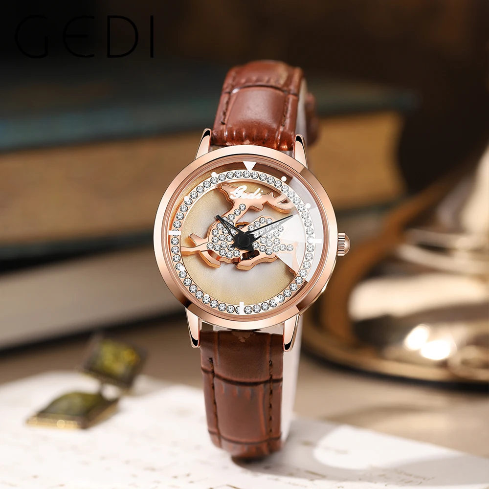 

GEDI Fashion Waterproof Women Watches Top Brand Luxury Rhinestone Deer Dial Geniune Leather Strap Quartz Wrist watch for Ladies