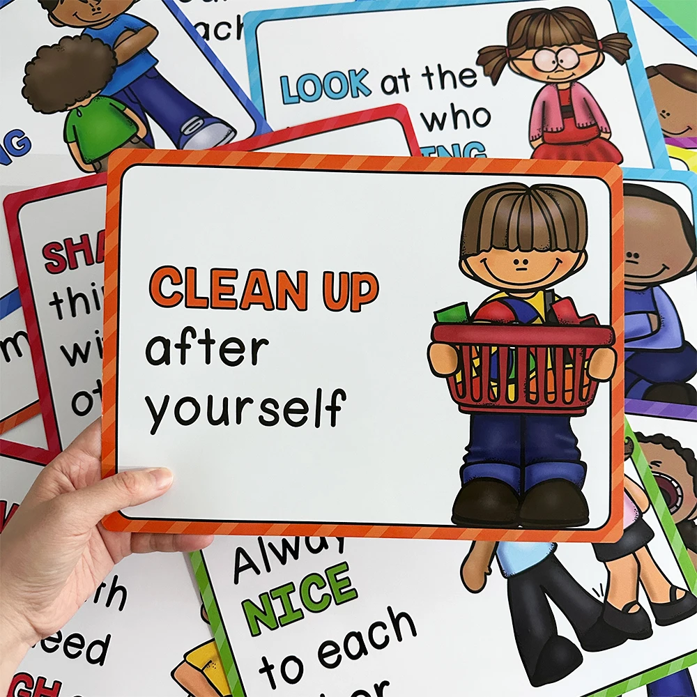 15Pcs Classroom Poster Rules for The School Class A4 size Posters for Kindergarten Preschool Decora Education toys 5