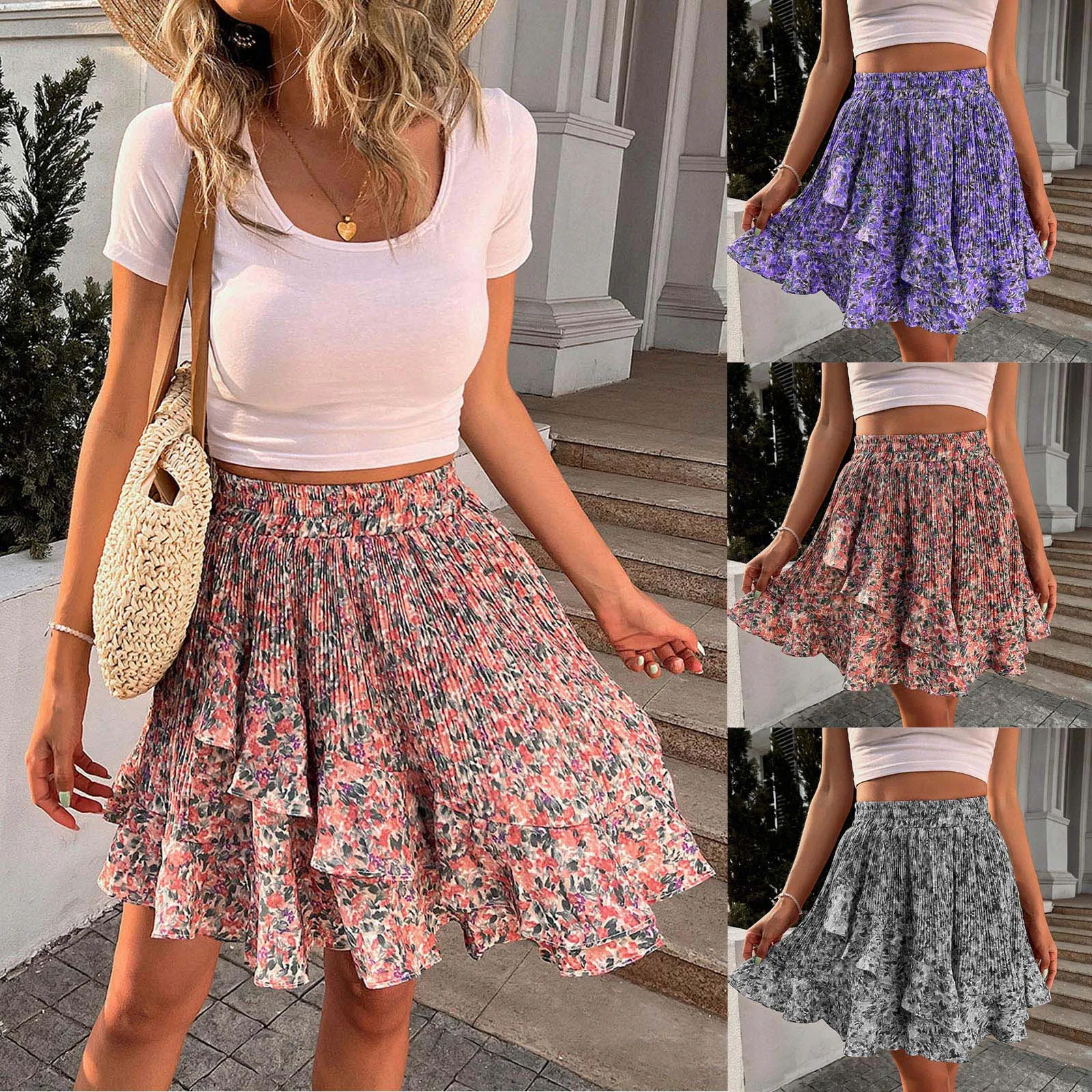 Women's Summer Empire Waist Ruffle Tiered Mini Skirt Floral Printed A Line  Beach Cute Skirt Grey : Clothing, Shoes & Jewelry 