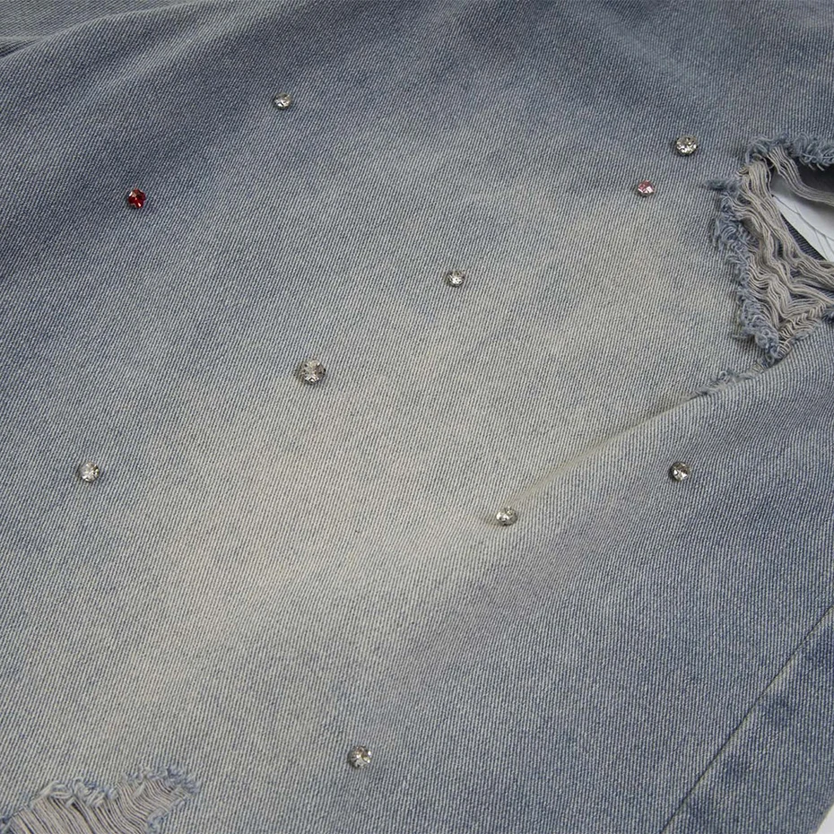 Men Rhinestone Denim Shorts Streetwear Harajuku Vintage Ripped Jeans Shorts Casual Loose