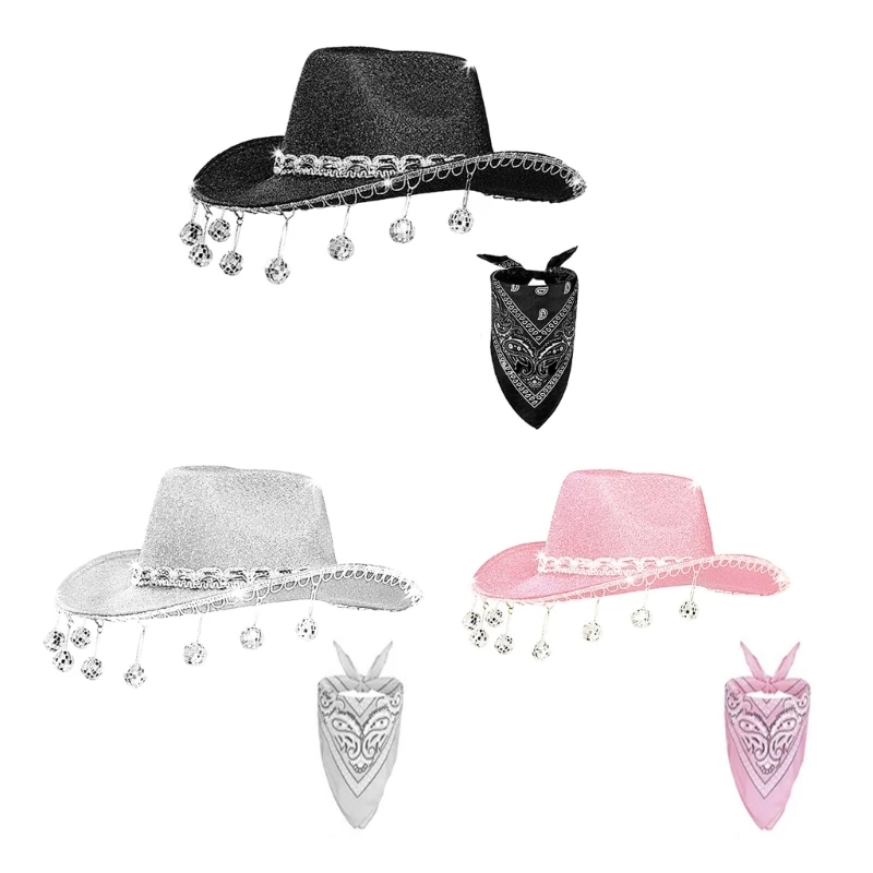 

Shimmering Pink Barrette Hat Pink Hat +Kerchief Unisex Cowboy Hat for Photo