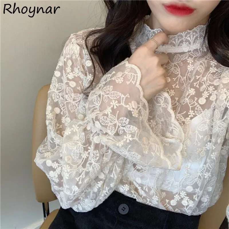 

M-4XL Lace Blouses Women Sweet Flare Sleeve Elegant Inside Basic Ladies Designer Aesthetic Classical Temper Chic Korean Fashion