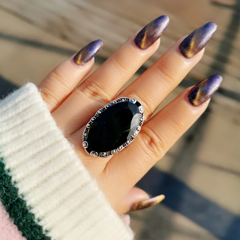 Vintage Big Black Oval Stone Finger Ring For Women Size 6 7 8 9 10 Antique Silver Color Jewelry