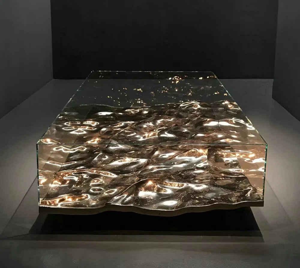 Nordic Style Artistic Modern Luxury FRP Base Water Ripple Wave Shape Irregular Shaped Glass Mirrored Coffee Table Tea Table