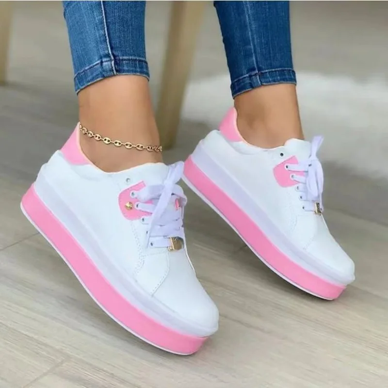 

Women's Vulcanized Shoes Sports 2023 Outdoor Platform Female Casual PU Fashion Lace-Up Sneakers Women Wedge Flats