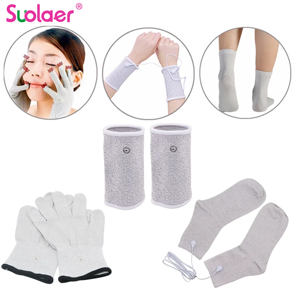 Dropshipping Conductive Silver Fiber TENS/EMS Electrode Therapy Gloves+Socks+Wrist Pads Electrotherapy Unit For Phycical Therapy