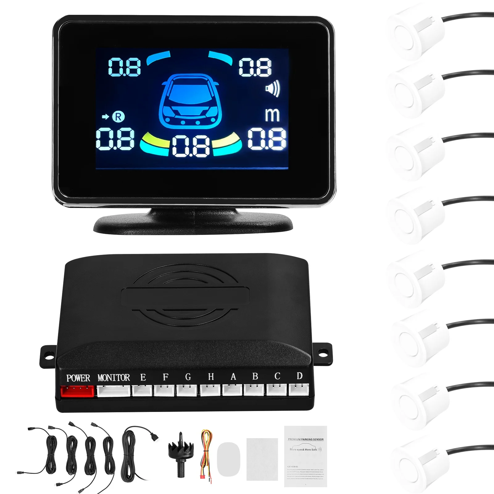 Car Parking Sensor Reversing Radars Front & Rear Support Sound Warning/Buzzer/Mute with 8 Parking Sensors Distance Detection