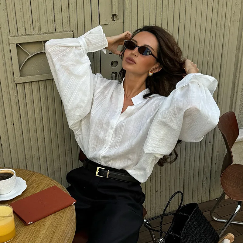 Fashion Women's White Blouse with Stand up Collar lantern Sleeves Button Up Shirt Top Spring Summer Chic Loose Fit Basic Clothin