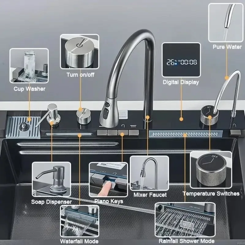 Kitchen Sink With Faucet Digital Display Single Bowl 5 Function Dishwasher Sink Shower Kitchen With Drop Down Faucet