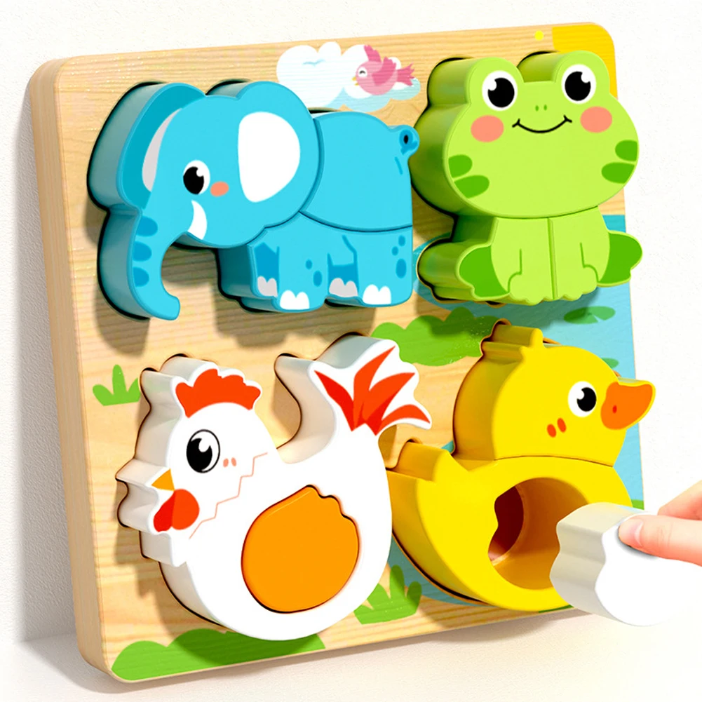 Montessori Wooden Educational Hand Grab Puzzle Boards with Cartoon Animals & Fruits 3D Design