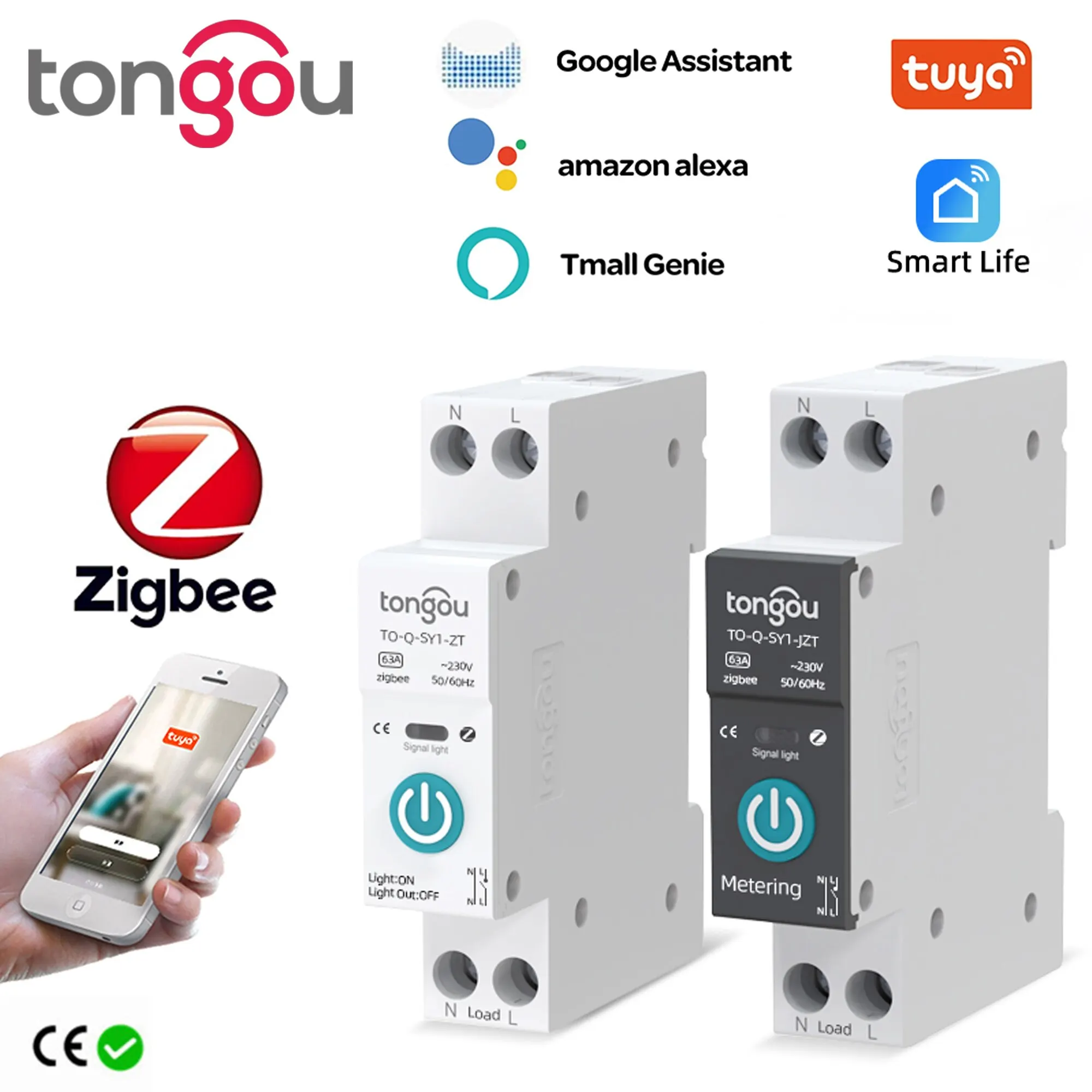 Interruptor de circuito inteligente TUYA ZigBee, 1P, 63A, carril DIN, Control remoto inalámbrico, WiFi, aplicación TONGOU