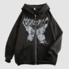 Hoodies Coat Womens Fun Skeleton Butterfly Patchwork Zip Up Hooded Jacket Loose Comfy Oversized Sweatshirt Girls Long Sleeve Top 1