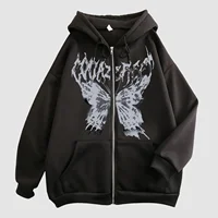 Hoodies Coat Womens Fun Skeleton Butterfly Patchwork Zip Up Hooded Jacket Loose Comfy Oversized Sweatshirt Girls Long Sleeve Top 1